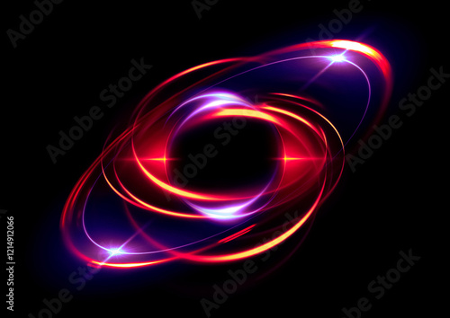 Physical graphic concept of atomic structure. Light ring. Colorful electron particle. .Speed of light. Particle acceleration. Energy particle physics..Energy ball. Science technology. Bright sphere.