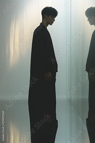 Silhouette reflection of a person in minimalist space modern gallery portrait art calm environment side view self-discovery concept
