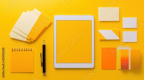 Branding Essentials Flat Lay, Business Cards, Logo Samples, Color Palette Guide, Tablet, Creative Workspace Setup