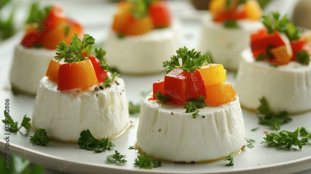 Freshly Made Cheese Mousse with Colorful Vegetable Topping on Plate Freshly Made Cheese Mousse with Colorful Vegetable Topping on Plate