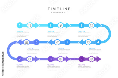 Business road map timeline infographic concept. with icons and 9 steps. Can be used for workflow layout, icons, diagram, report, web design Creative. marketing data. Vector illustration