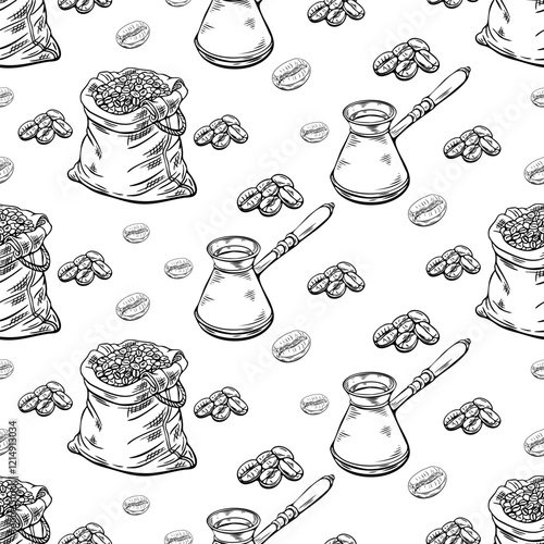 Engraving, bag of coffee beans, vector illustration in color and line sketch of seamless pattern