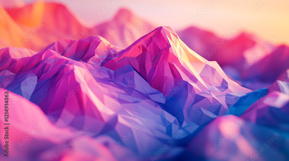 Colorful low polygon mountains under a soft pastel sky at sunrise Colorful low polygon mountains under a soft pastel sky at sunrise
