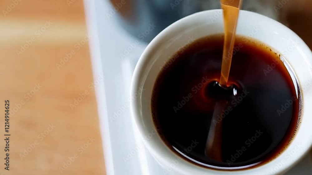 brewed coffee in a geyser coffee maker is poured into a coffee mug, top view, slow motion brewed coffee in a geyser coffee maker is poured into a coffee mug, top view, slow motion