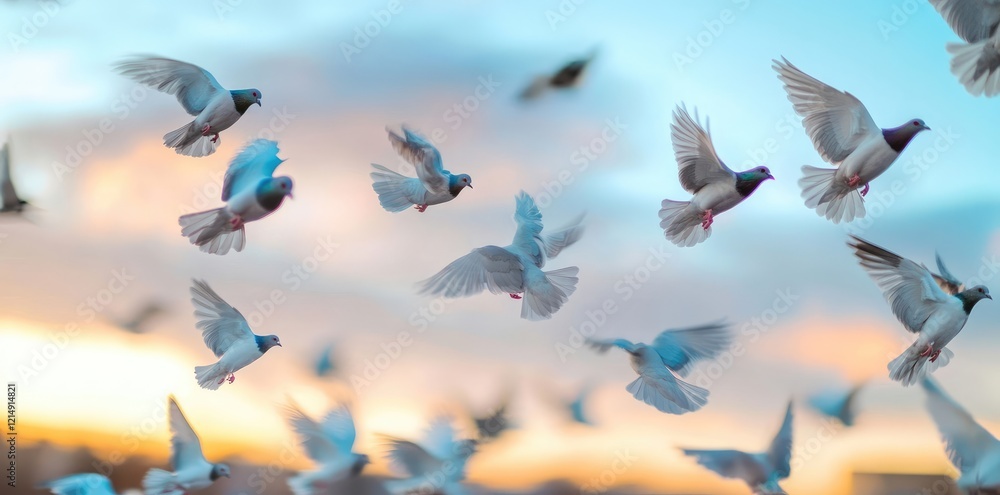 Obraz premium Flock of Pigeons Soaring in a Sunny Blue Sky