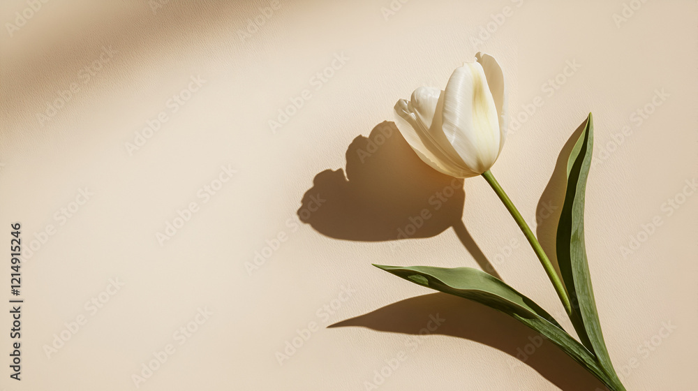 Fototapeta premium Single white tulip on beige background, cast in sunlight, creating a soft shadow.