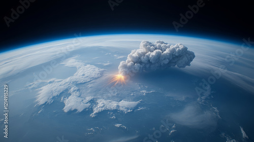 stunning view of Earth from space, showcasing volcanic eruption with smoke and ash billowing into atmosphere. vibrant colors of eruption contrast beautifully with blue planet below, creating photo