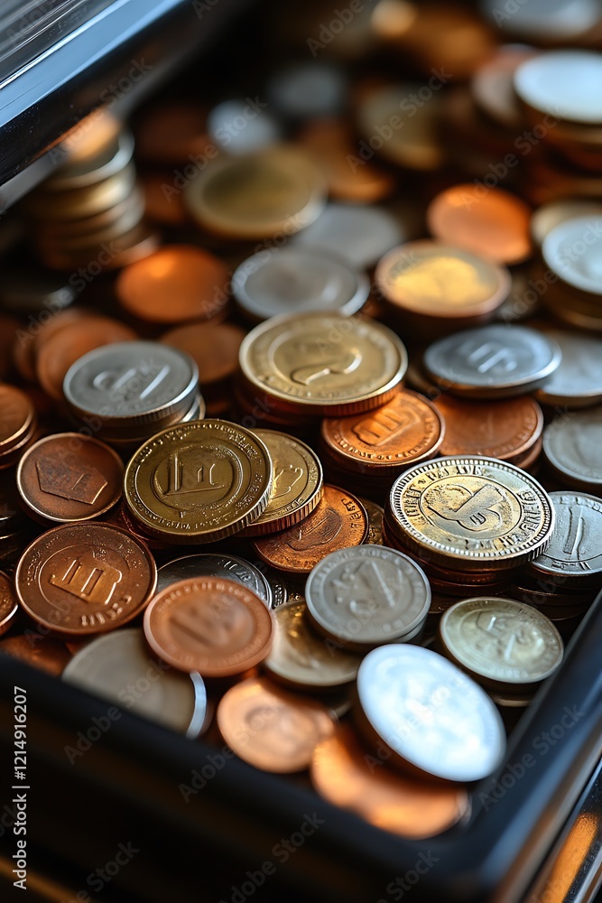 Close-up of various coins in a drawer. Close-up of various coins in a drawer.