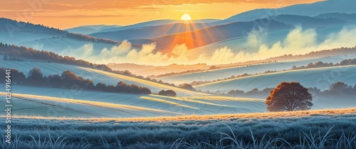 Frostcoated landscape of gently rolling fields with warm yelloworange sunlight cutting through light blue morning mist illustration background design photo