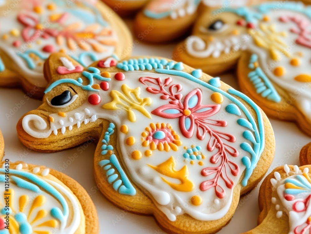 A close-up of gingerbread cookies with intricate custom designs, colorful icing adding a touch of whimsy A close-up of gingerbread cookies with intricate custom designs, colorful icing adding a touch of whimsy