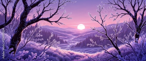 Glimmering frost on dark brown winter branches a soft purplepink sunrise emerging over a frosted valley illustration background design photo