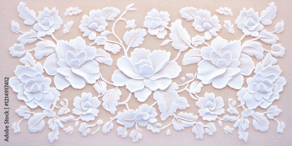 Elegant White Floral Relief Design on Soft Beige Background for Textile Art Elegant White Floral Relief Design on Soft Beige Background for Textile Art