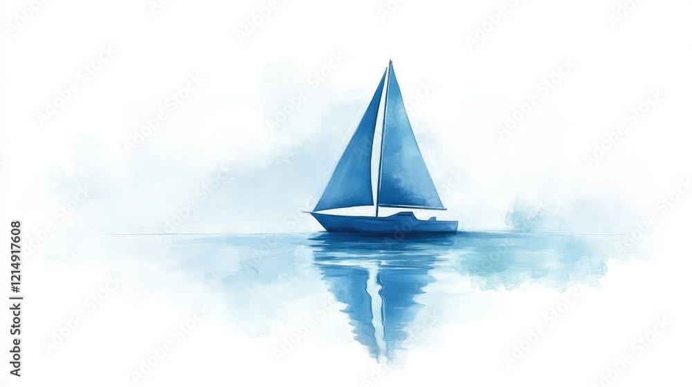 Fototapeta premium A serene digital art piece of a blue sailboat gliding across calm waters, designed on a white background.