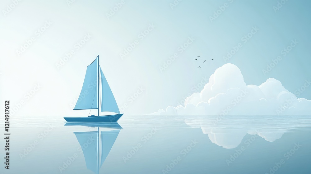 Naklejka premium A serene digital illustration of a blue sailboat, floating gracefully on calm ocean waters, with a minimalist white background.