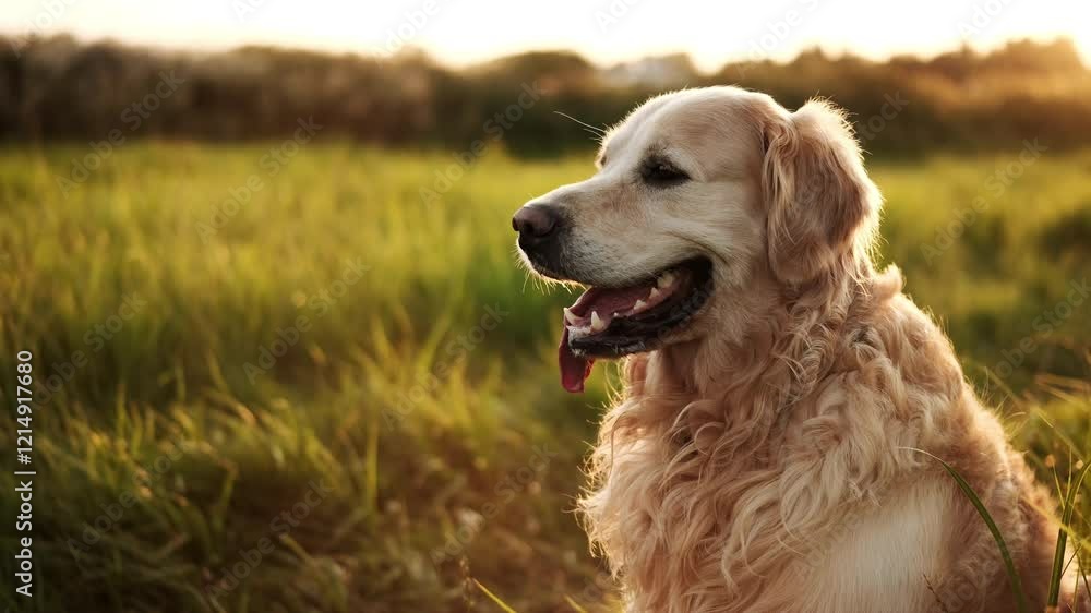 Happy Golden Retriever Running In A Field At Sunset, Showcasing Its Beautiful Purebred Features Happy Golden Retriever Running In A Field At Sunset, Showcasing Its Beautiful Purebred Features