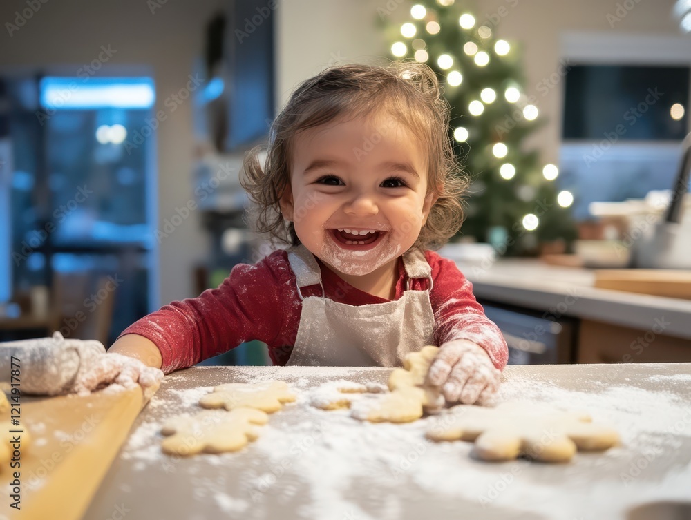 Christmas baking with a toddler, flour-dusted hands shaping cookies while laughter fills the air, a cheerful kitchen setting Christmas baking with a toddler, flour-dusted hands shaping cookies while laughter fills the air, a cheerful kitchen setting
