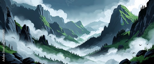 Light gray fog drifting between dark rock formations with the faintest light reflecting off deep green mountain slopes illustration background design. photo