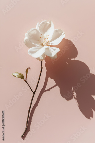 Delicate white flower with long stem and leaves, casting a shadow on a soft pink background.  Sunlight illuminates the blossom.