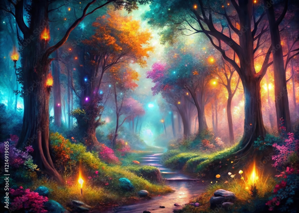 Fototapeta premium Enchanting Fantasy Forest Double Exposure: Magical Trees, Mystical Lights, Dreamlike Landscape