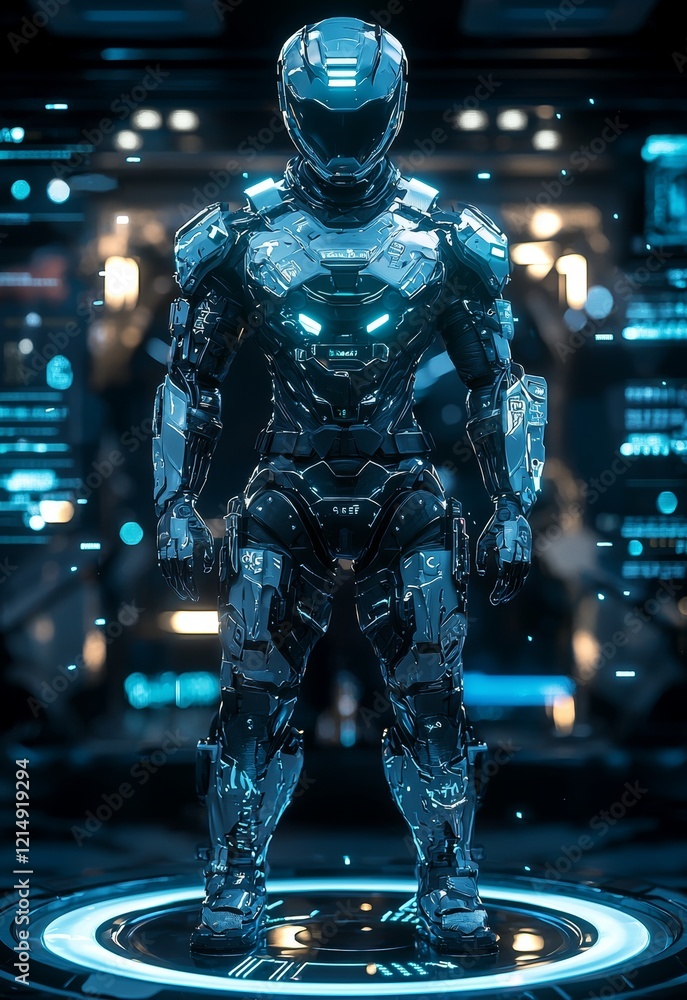 Futuristic robotic soldier in high-tech armor with glowing details in a digital environment Futuristic robotic soldier in high-tech armor with glowing details in a digital environment