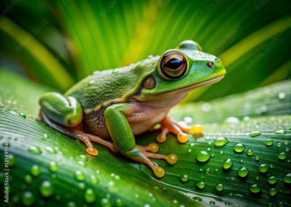 Dew-Kissed Green Frog Closeup: Vibrant Amphibian on Moist Leaf - Drone Photography Dew-Kissed Green Frog Closeup: Vibrant Amphibian on Moist Leaf - Drone Photography