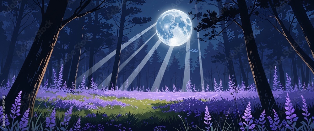Moonlight casting long shadows on a forest floor covered with purple wildflowers silver beams piercing through thick pine branches illustration background design. Moonlight casting long shadows on a forest floor covered with purple wildflowers silver beams piercing through thick pine branches illustration background design.