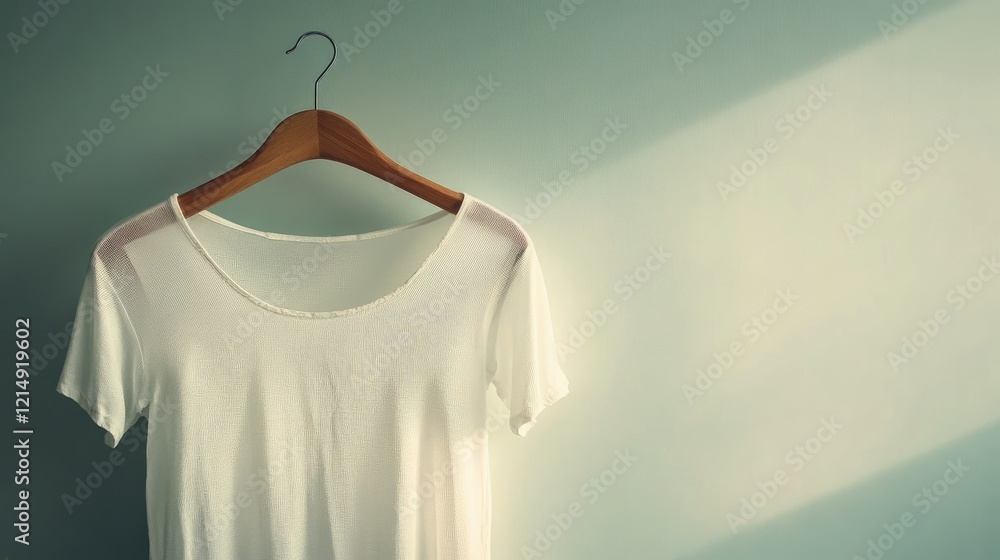 A single white dress hangs on a wooden hanger, displayed against a clean, minimalist background. A single white dress hangs on a wooden hanger, displayed against a clean, minimalist background.