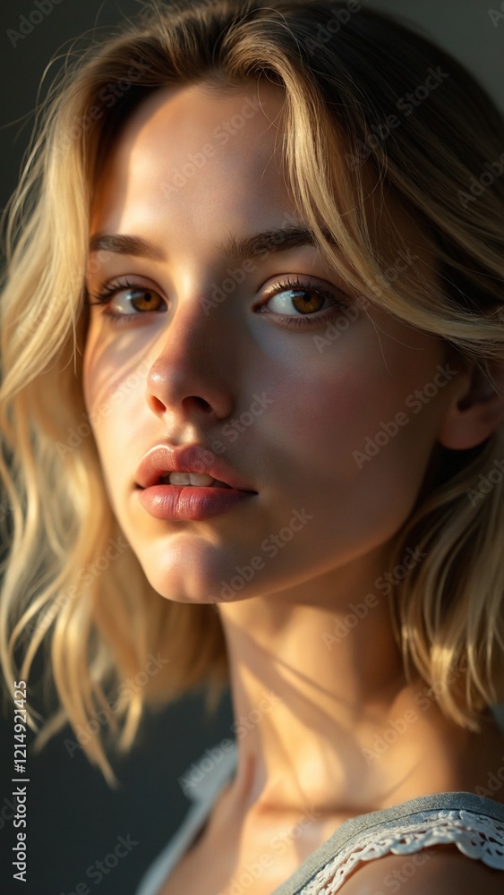Close-up portrait of a young, light-skinned woman with shoulder-length blonde hair Close-up portrait of a young, light-skinned woman with shoulder-length blonde hair