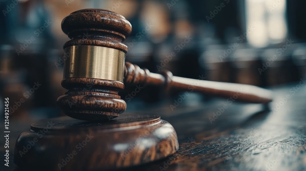 Wooden judge's gavel on courtroom desk symbolizing justice and authority in legal proceedings Wooden judge's gavel on courtroom desk symbolizing justice and authority in legal proceedings