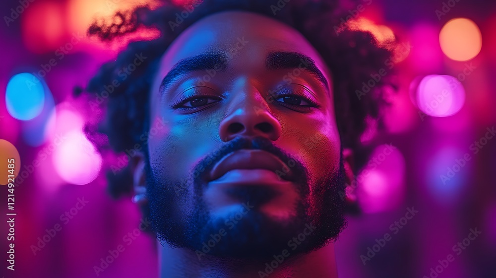 Close-up portrait of a young man with colorful lights in the background. Close-up portrait of a young man with colorful lights in the background.