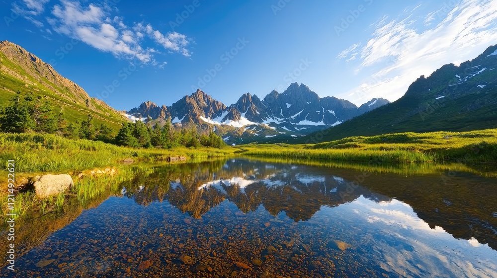 Serene Mountain Landscape with Clear Reflection on Still Water Serene Mountain Landscape with Clear Reflection on Still Water