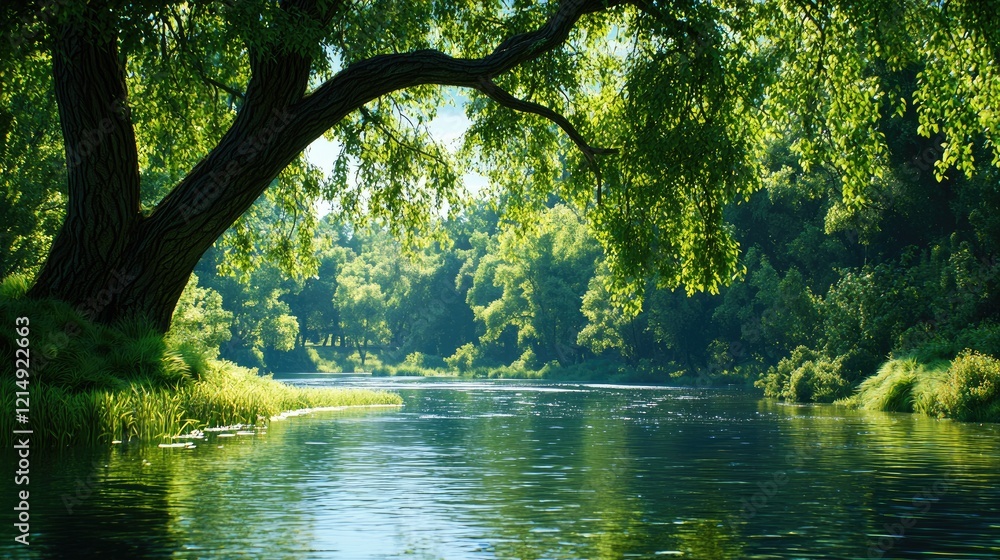 Serene Riverbank Surrounded by Lush Green Trees in Natural Landscape Serene Riverbank Surrounded by Lush Green Trees in Natural Landscape