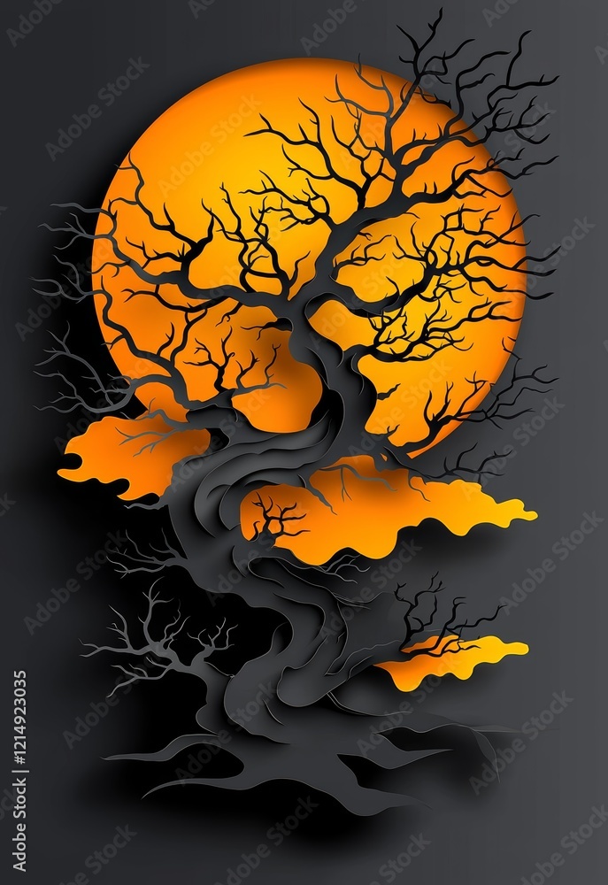 Fototapeta premium Black Tree Silhouette Against Vibrant Orange Moon and Dark Background Design