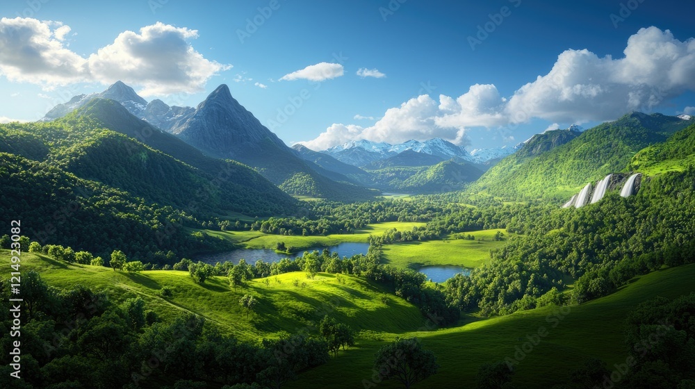 Naklejka premium Serene Mountain Landscape with Lush Greenery and Waterfalls