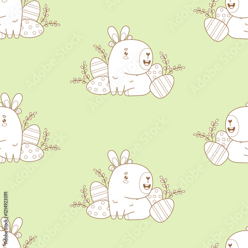 Easter Seamless pattern. Cute Capybara with paschal Eggs on green background. Holiday cartoon kawaii animal backdrop. Line drawing. Vector illustration. Kids collection