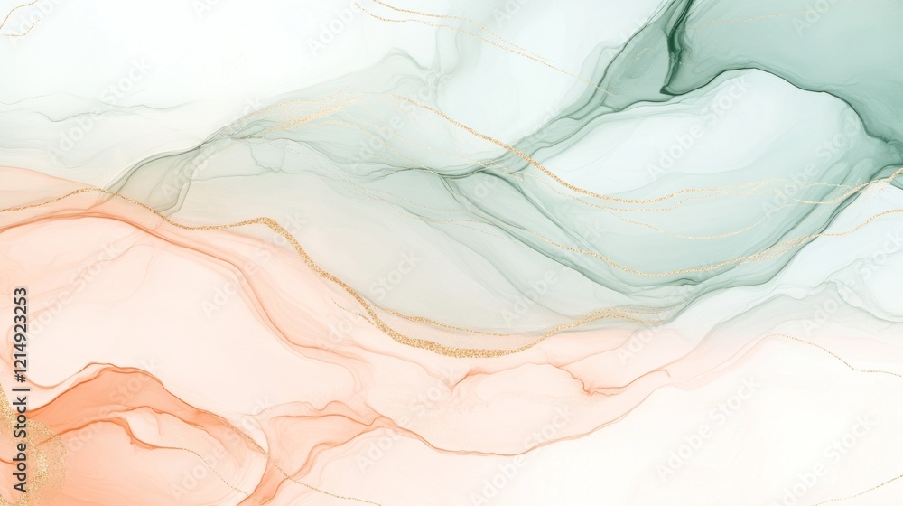 Abstract watercolor painting with flowing shapes and golden lines, peach and green Abstract watercolor painting with flowing shapes and golden lines, peach and green