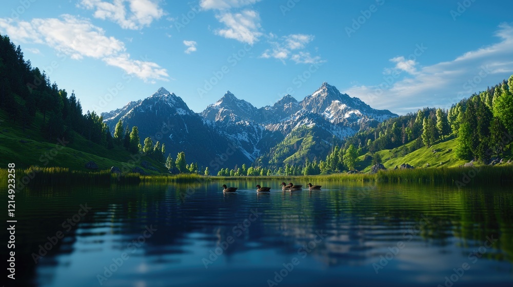 Scenic Mountain Landscape with Ducks Swimming in Serene Lake Scenic Mountain Landscape with Ducks Swimming in Serene Lake