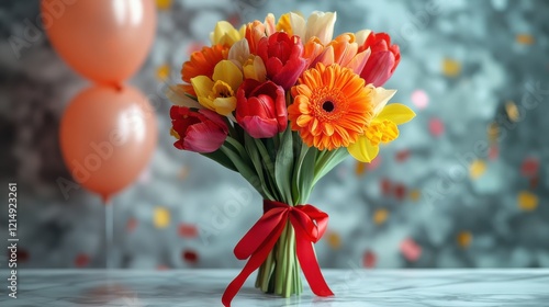 A cheerful bouquet of vibrant orange gerberas, red tulips, and yellow daffodils tied with a festive red ribbon, placed on a marble surface.