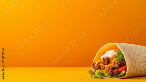 A vibrant close-up of a loaded taco overflowing with crisp lettuce, juicy diced tomatoes, seasoned ground meat, melted cheddar cheese, and a dollop of sour cream, set against a col photo