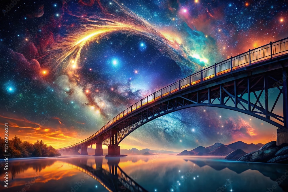 Obraz premium Ethereal Space Bridge: Low-Light 3D Render of a Fantasy Bridge Across a Nebula