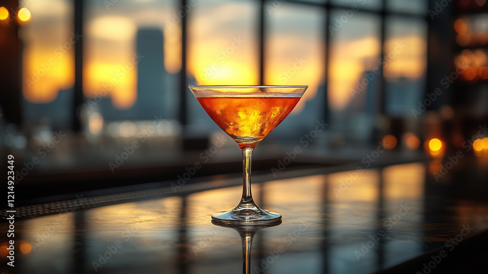 classic cocktail with cherry on top, elegantly placed against sunset backdrop classic cocktail with cherry on top, elegantly placed against sunset backdrop