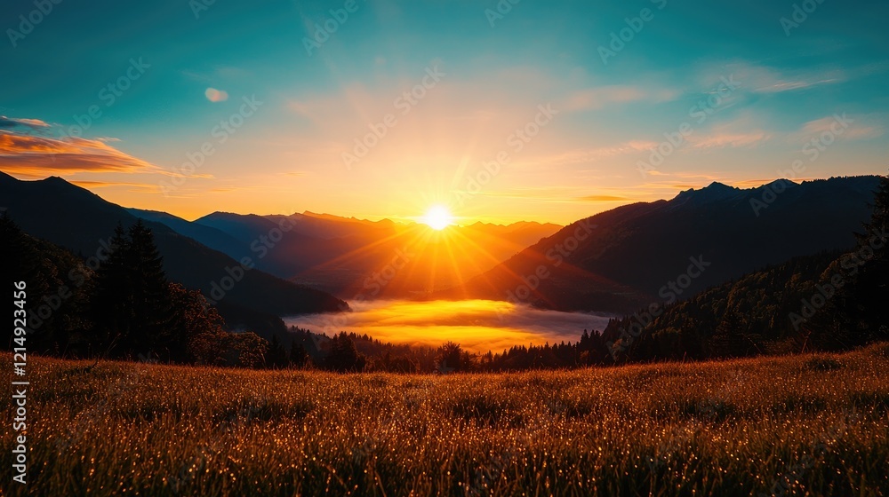 Obraz premium Breathtaking Sunrise Over Mountains and Misty Valley Landscape
