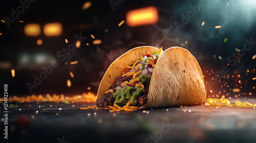 A mouthwatering shot of a taco filled to the brim with seasoned meat, fresh guacamole, shredded lettuce, diced onions, and melted cheese, styled with bold promotional text and a gl photo