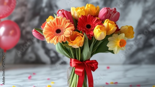A cheerful bouquet of vibrant orange gerberas, red tulips, and yellow daffodils tied with a festive red ribbon, placed on a marble surface.