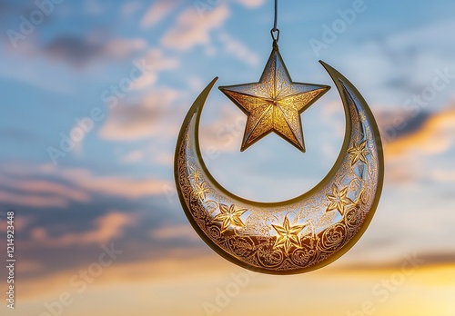 Crescent moon and Arabic lantern with stars on a sunset sky background for Ramadan Kareem or the Muslim holy month concept. I photo