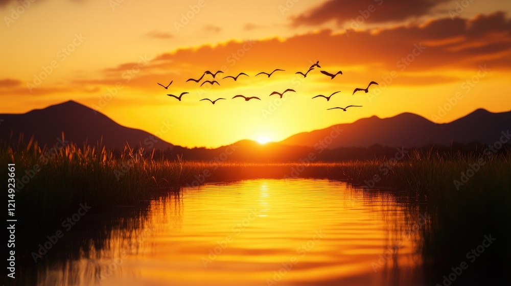 Obraz premium Serene Sunset Over Water with Flying Birds and Majestic Mountains