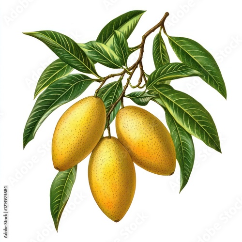 Ripe mangoes on branch, botanical illustration, white background, food design