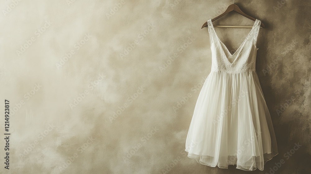 A timeless white dress hangs neatly on a hanger, photographed against a smooth, neutral-toned background.