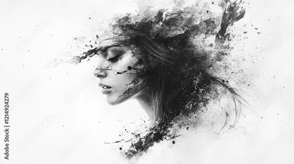 Artistic representation of a woman's profile with abstract ink splashes Artistic representation of a woman's profile with abstract ink splashes