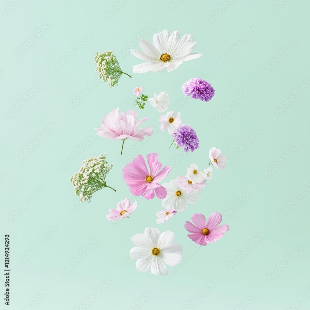 Fototapeta premium Pastel green backdrop levitating colorful flowers. Pink white, purple summer blooms float in surreal display. Floral design perfect for springtime summer. Visual appeal for wallpaper abstract design.